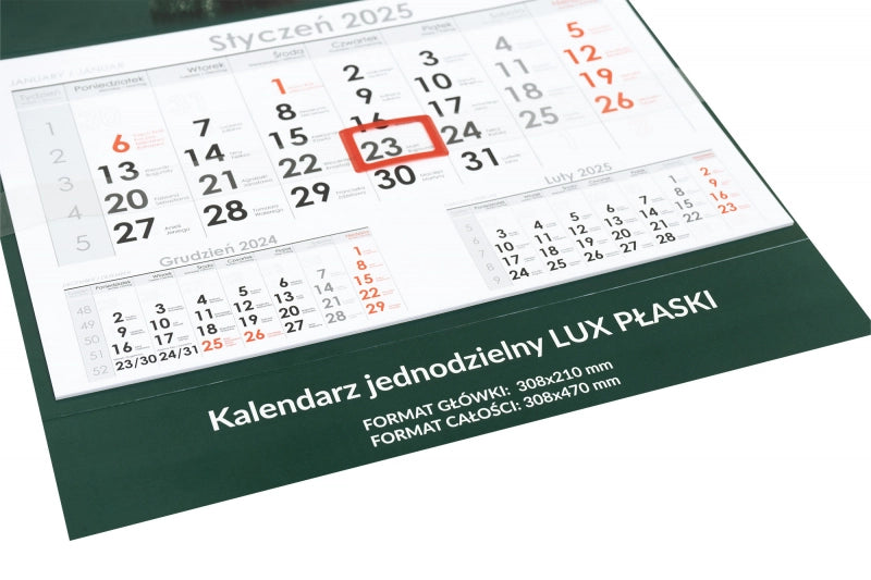 Kalendarz jednodzielny lux płaski