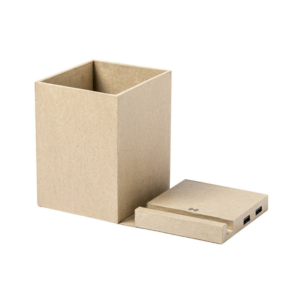 Składana ładowarka bezprzewodowa 5W z kartonu z recyklingu, hub USB 2.0, pojemnik na przybory do pisania, stojak na telefon Winners Gadzety