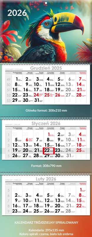 Kalendarz trójdzielny spiralowany