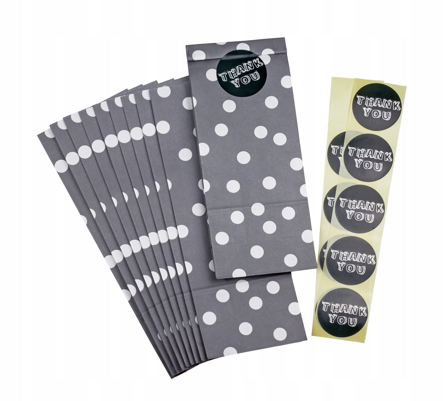 Torebki papierowe SZARE groszki 10x26x6,5 + naklejki THANK YOU Winners Gadzety