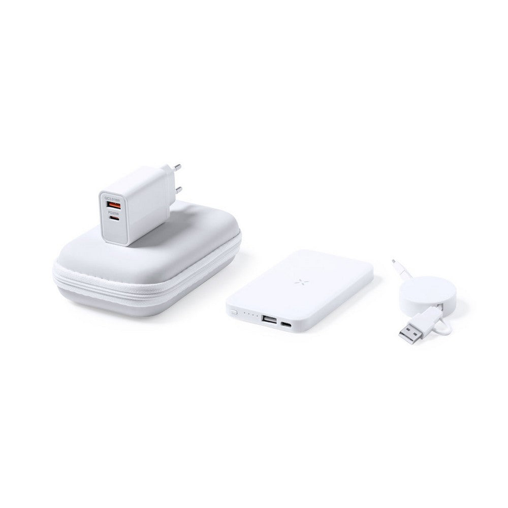 Zestaw podróżny do ładowania, bezprzewodowy power bank 4000 mAh, ładowarka bezprzewodowa 5W, zwijany kabel do ładowania i synchronizacji, ładowarka ścienna Winners Gadzety