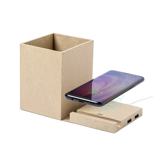 Składana ładowarka bezprzewodowa 5W z kartonu z recyklingu, hub USB 2.0, pojemnik na przybory do pisania, stojak na telefon Winners Gadzety