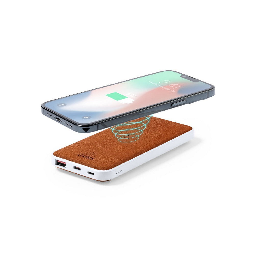 Bezprzewodowy power bank 8000 mAh z RABS, ładowarka bezprzewodowa 5W-10W, element ze skóry z recyklingu Winners Gadzety