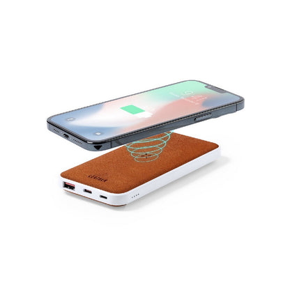 Bezprzewodowy power bank 8000 mAh z RABS, ładowarka bezprzewodowa 5W-10W, element ze skóry z recyklingu Winners Gadzety